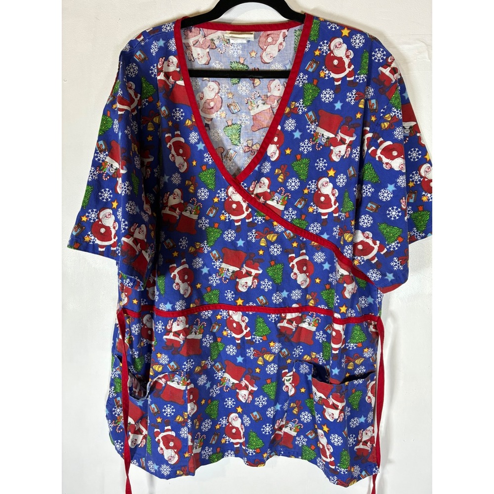 Peppermint Scrubs Santa Christmas Scrub Top Blue Holiday Novelty Pockets XL